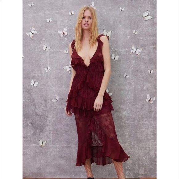 For Love and Lemons Daphne Midi Wine Red Dress  Lace Blouse Sheer Size XS - Picture 6 of 13